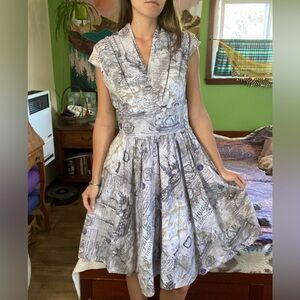 Pin-up sailor dress cap sleeves pleated full skirt Pirate map print made in USA